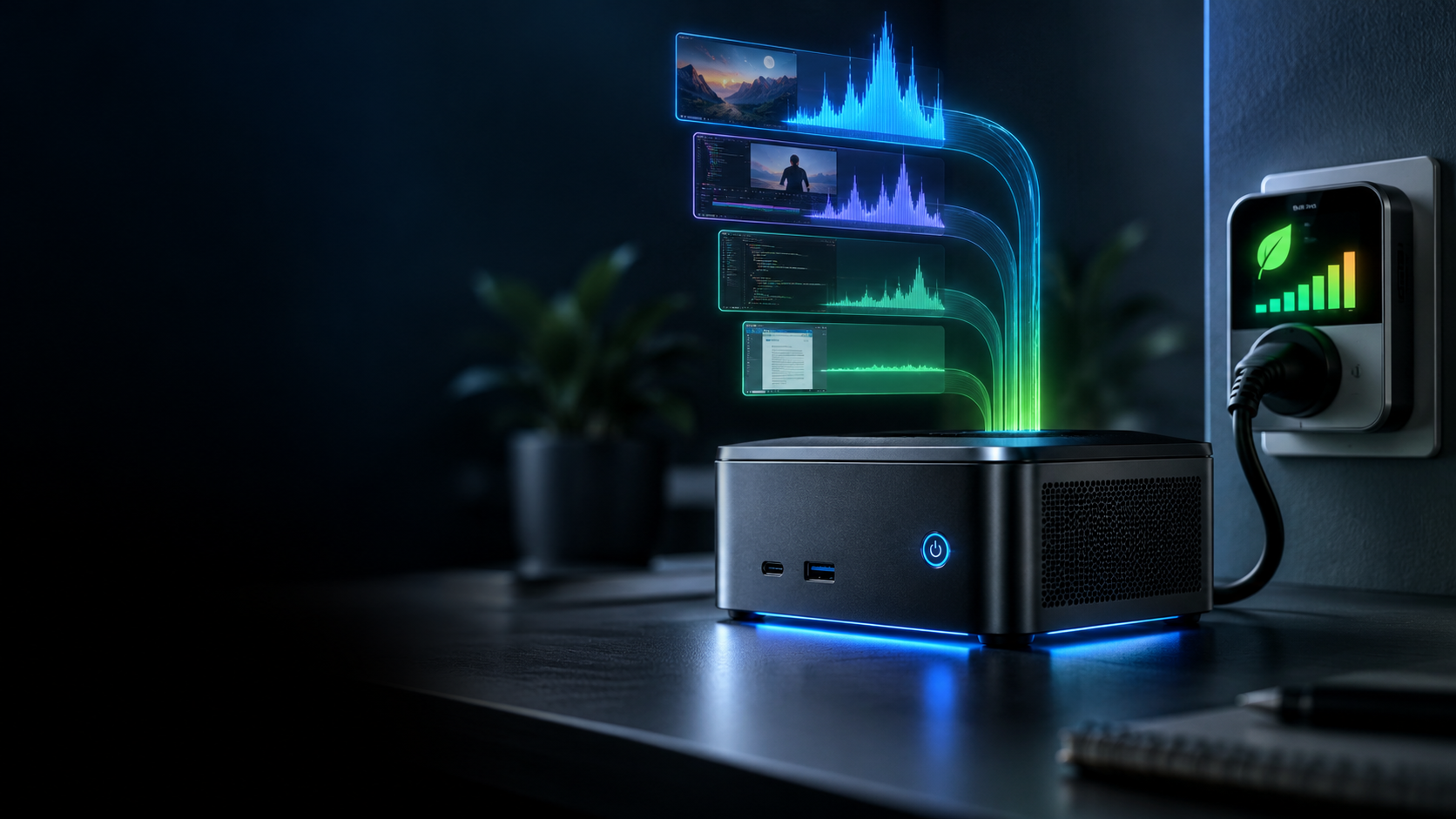 Mini PC showing changing local AI workload power levels