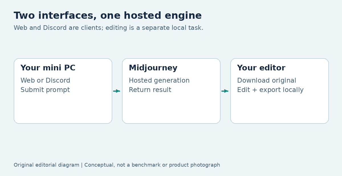Flow from a mini PC web or Discord client to hosted Midjourney generation and back to a local editor.